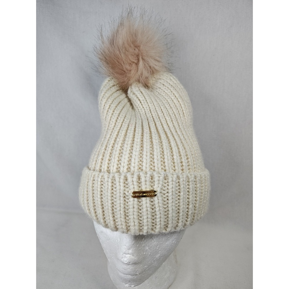 Steve Madden Faux Fur Lined Ivory Knit Beanie  Brown‎ Pom Pom Winter Hat Cap